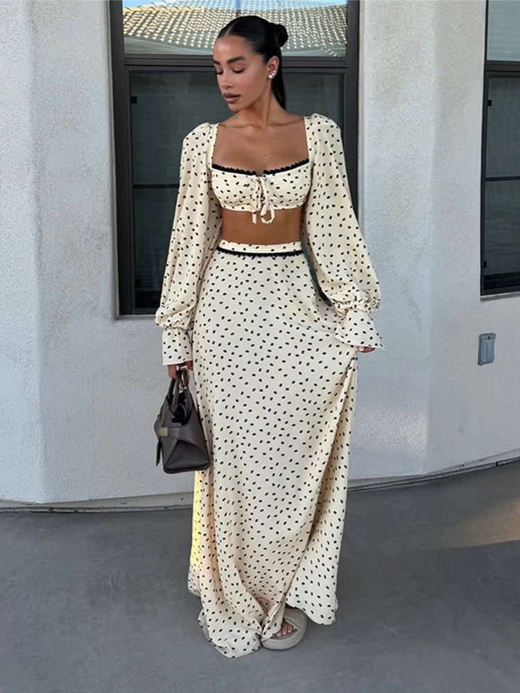Polka-Dot-Set Damen – Laternenhülsen-Top & Trompetenrock Elegant Sommer