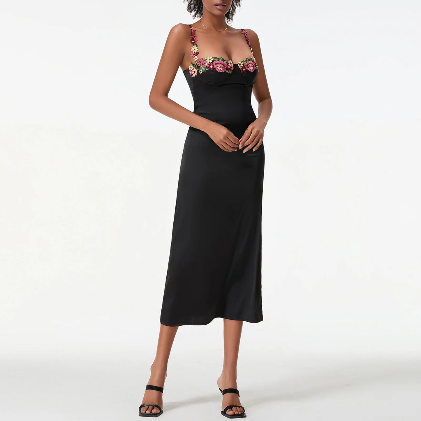 Damen Satin Bodycon Kleid mit Blumenstickerei