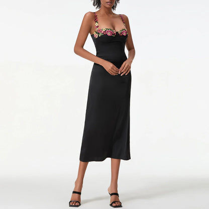 Damen Satin Bodycon Kleid mit Blumenstickerei