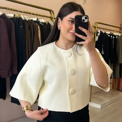 Damen Crop Strick Cardigan Kurzarm Elegant Weiß