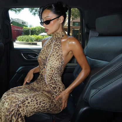 Damen Leopard Neckholder Maxi Kleid mit Bandage