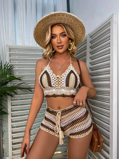 Gehäkeltes Bikini-Set Damen – Off-Shoulder Regenbogen-Streifen Bademode Strand