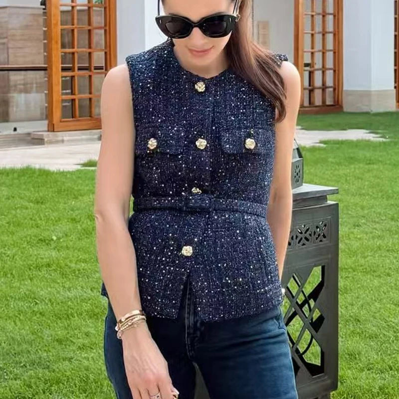 Elegante Ärmellose Strukturweste mit Knopfleiste – Modernes Slim-Fit Layering-Top