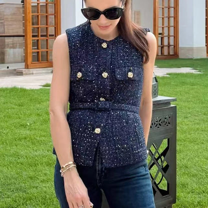 Elegante Ärmellose Strukturweste mit Knopfleiste – Modernes Slim-Fit Layering-Top