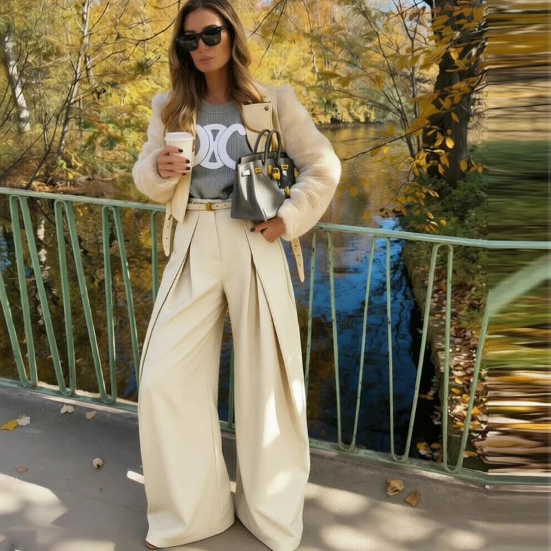 Damen weite Oversize-Hose, gestreift, elegant, Büro
