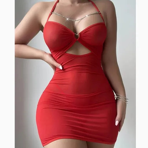 Women Lingerie Set Mesh Nightgown with Chain & Thong