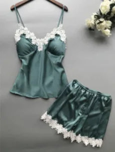 Damen Spitzen Träger Top & Shorts Homewear Set V-Ausschnitt