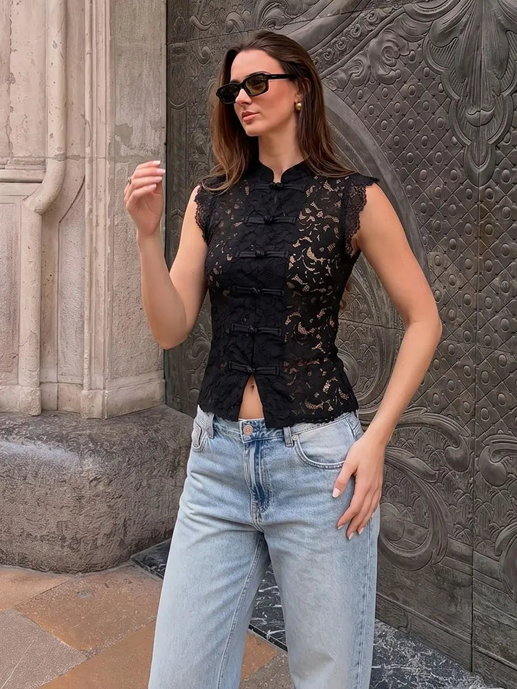 Spitzen-Weste Damen – Y2K Hollow-Out Streetwear Ärmellos Einzelknopf