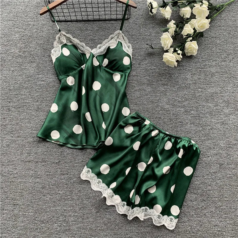 Damen Polka Dot Satin Cami Shorts Set mit Polsterung