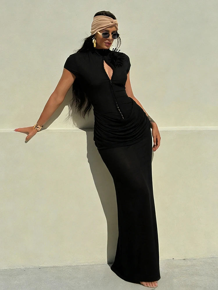 Damen See-Through Maxi Kleid Kurzarm Gerafft Elegant