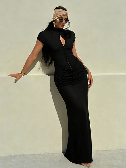 Damen See-Through Maxi Kleid Kurzarm Gerafft Elegant