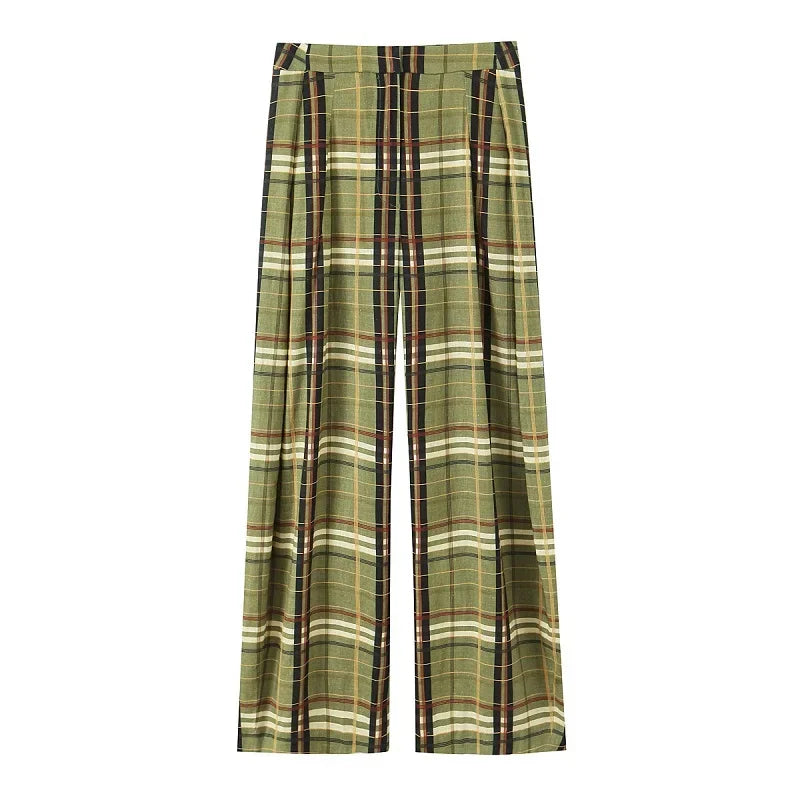 Karierte Wide-Leg Hose Damen – Oversize Vintage Plissee-Hose mit Mittelhohem Bund