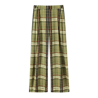 Karierte Wide-Leg Hose Damen – Oversize Vintage Plissee-Hose mit Mittelhohem Bund
