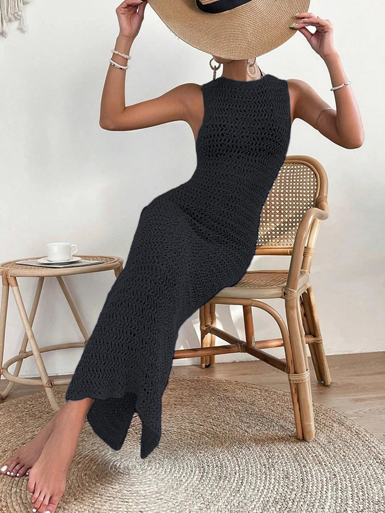 Women's Hollow-Out Knitted Dress Sleeveless Fitted