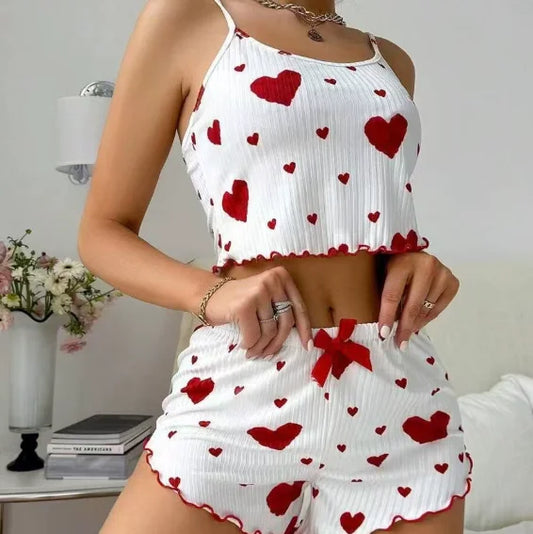 Damen Herzdruck Rippstrick Cami Top & Rüschen Shorts Schlafanzug