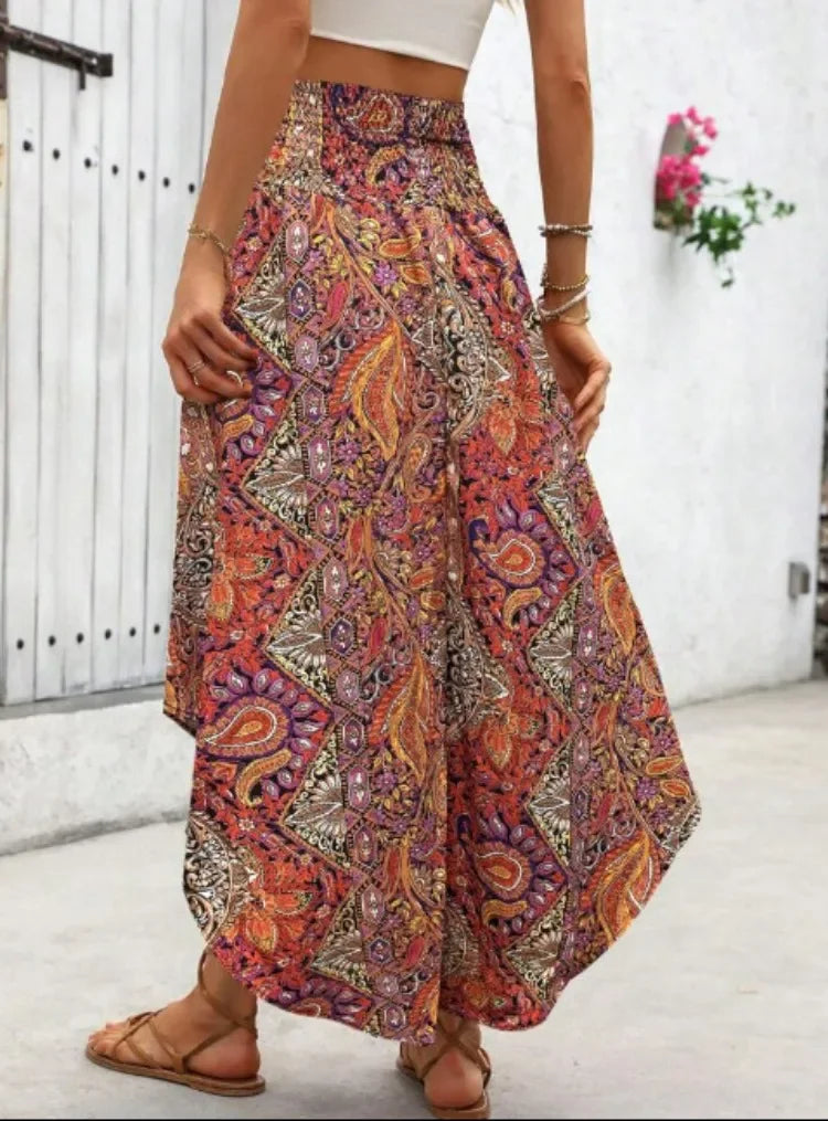 Damen Boho Maxi Rock mit Print Hoher Bund Strandrock