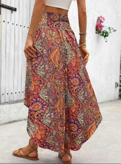 Damen Boho Maxi Rock mit Print Hoher Bund Strandrock