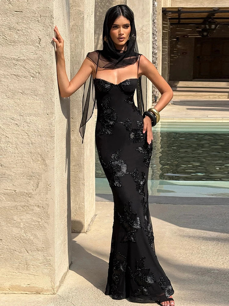 Blumen-Stickerei-Maxikleid Damen – Rückenfreies Bandage Tief-V Sommerkleid Elegant