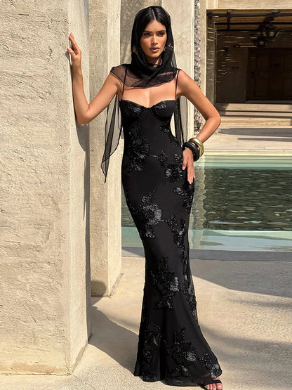 Blumen-Stickerei-Maxikleid Damen – Rückenfreies Bandage Tief-V Sommerkleid Elegant