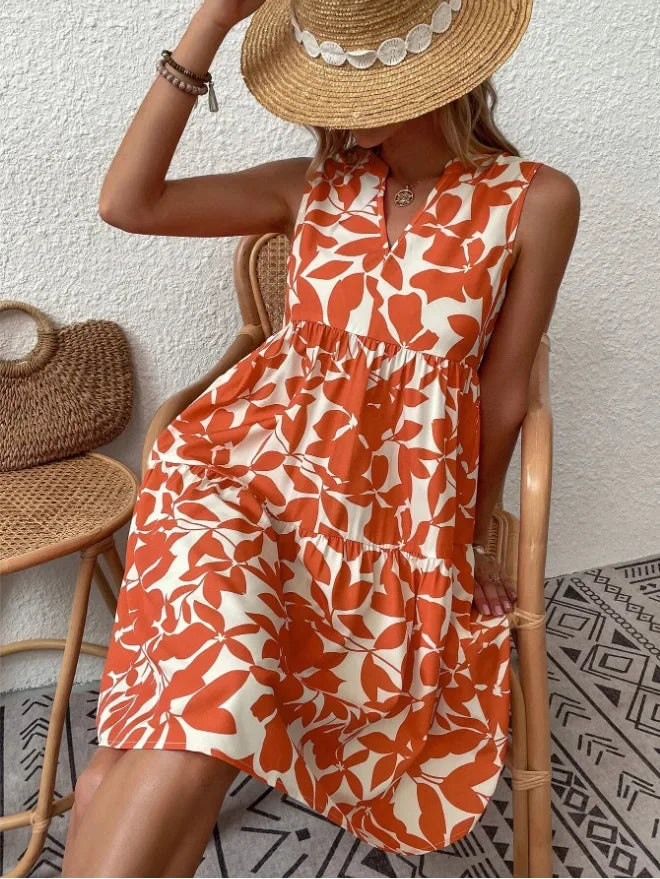 Damen Boho-Kleid mit Print, ärmellos, V-Ausschnitt