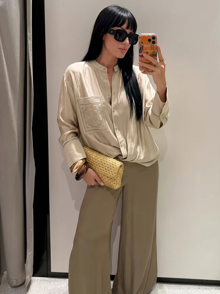 Bestickte Satin-Bluse mit Stehkragen - JWANOFFIZIELL