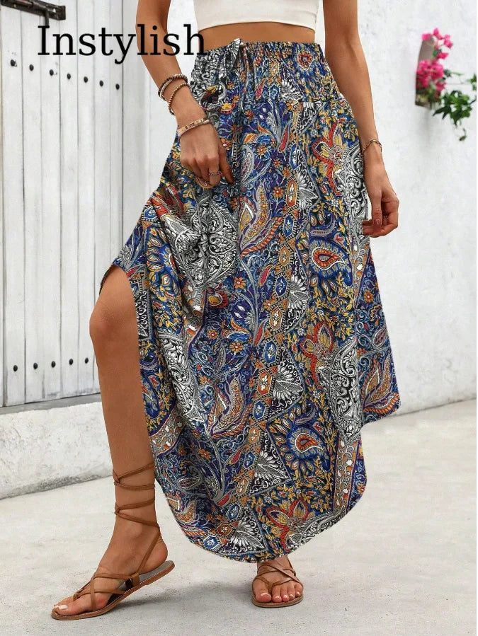 Damen Boho Maxi Rock mit Print Hoher Bund Strandrock