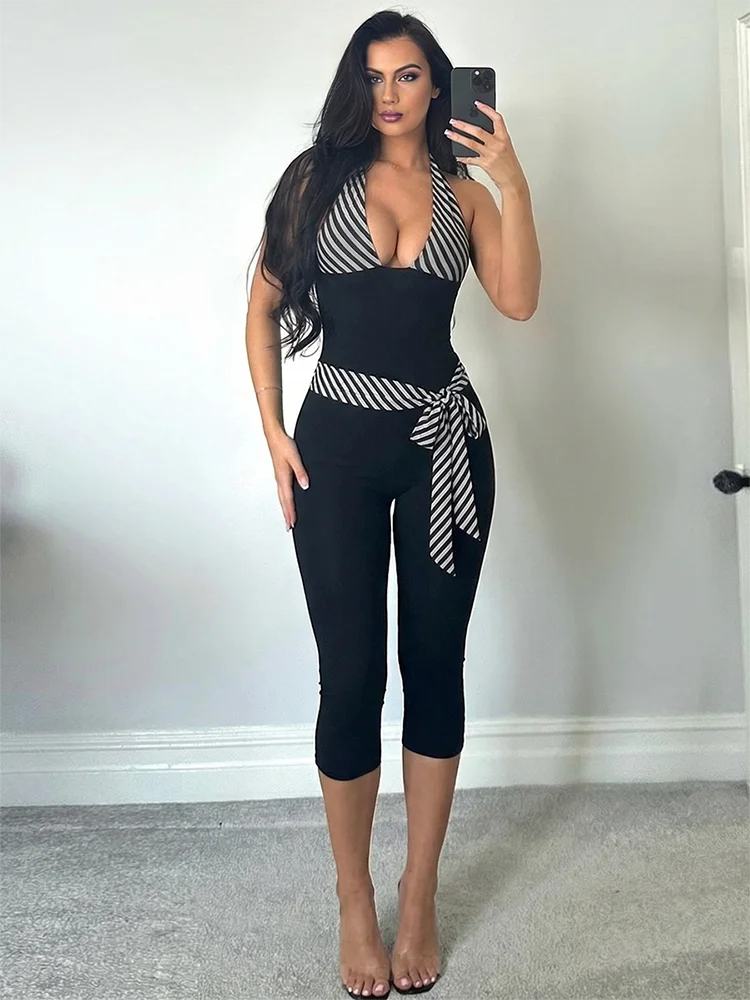Gestreifter Patchwork-Jumpsuit Damen – Bandage Halter Rückenfrei Bodycon Overall