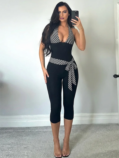 Gestreifter Patchwork-Jumpsuit Damen – Bandage Halter Rückenfrei Bodycon Overall