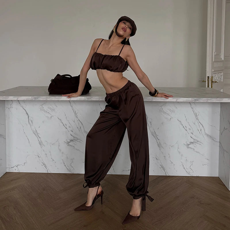 Satin-Zweiteiler Damen – Plissiertes Crop-Top & Weite Hose Elegant Party