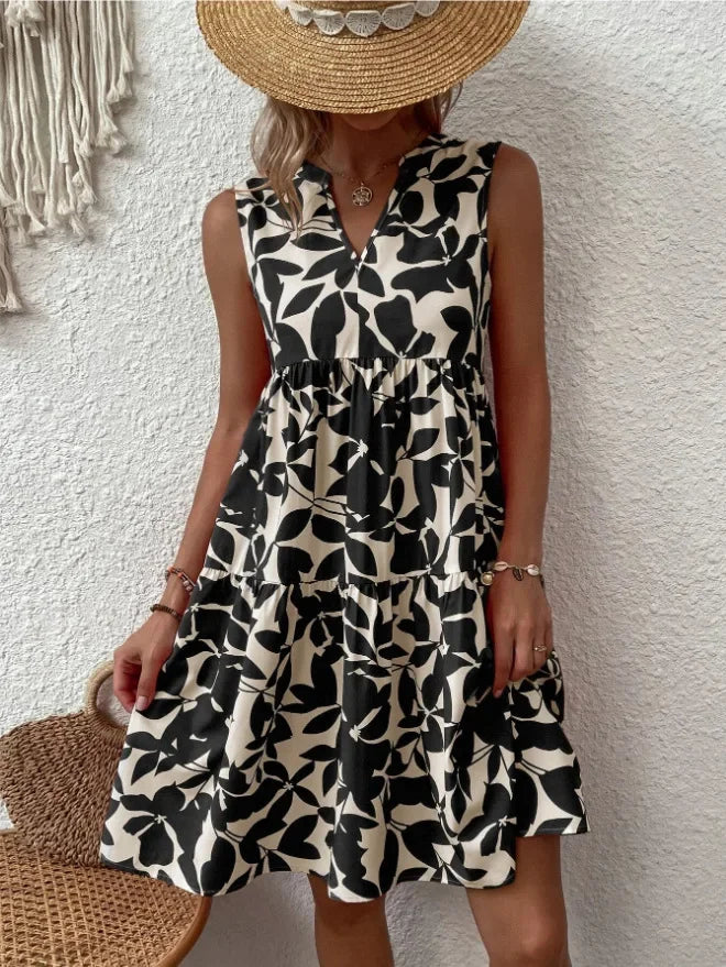 Damen Boho-Kleid mit Print, ärmellos, V-Ausschnitt