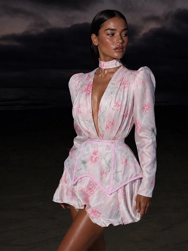 Rosen-Print Satin-Playsuit mit Rüschen - JWANOFFIZIELL