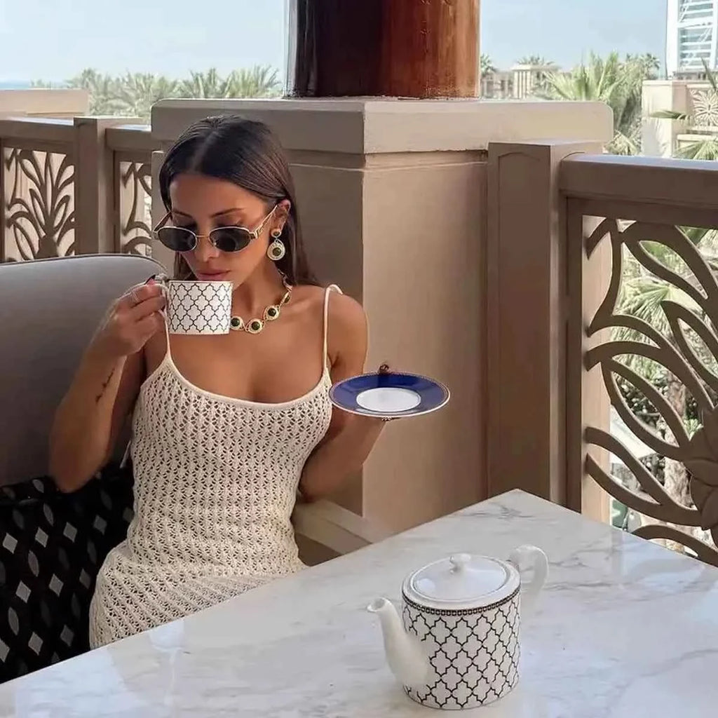 Fashion Style Pool Party Knit Bikini Cover Up Solid Color Double Flounces Slip Dress Sexy Hollow out Beachwear Tie Up Cover-ups
