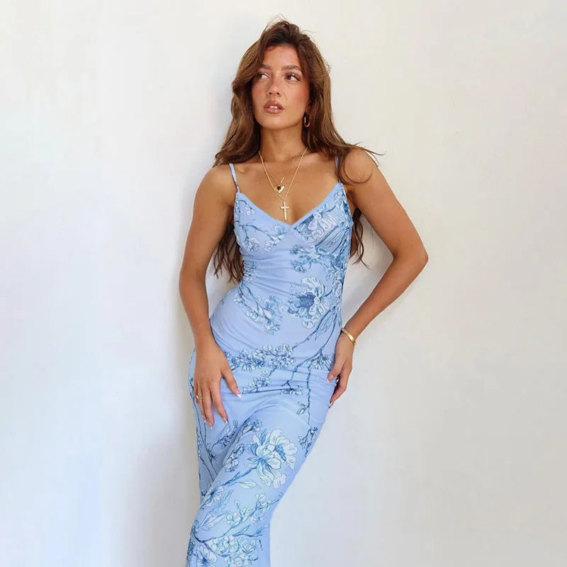 Damen Trägerkleid V-Ausschnitt Bedruckt Rückenfrei Sommerkleid