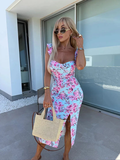 Blumen-Rüschen-Midikleid Damen – Eckiger Ausschnitt Seitenschlitz Boho Sommer