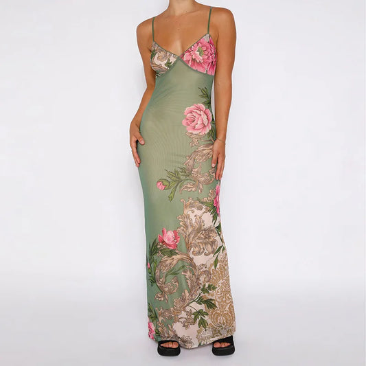 Damen Trägerkleid V-Ausschnitt Bedruckt Rückenfrei Sommerkleid