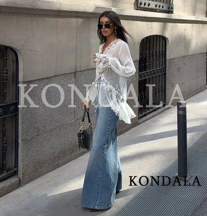 Elegantes Spitzen-Krochet-Shirt mit Rüschen & Schnürung – Transparentes Sommerbluse
