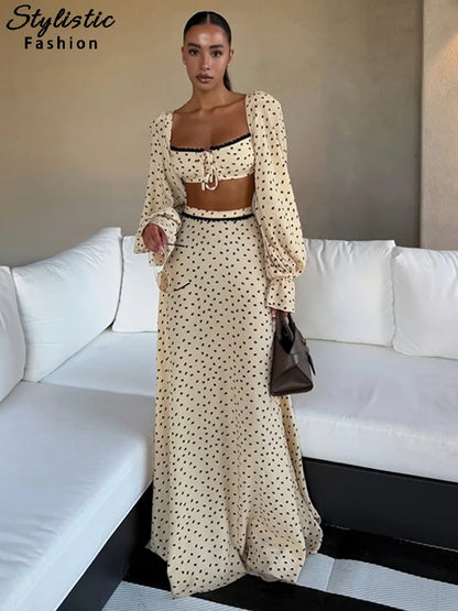 Polka-Dot-Set Damen – Laternenhülsen-Top & Trompetenrock Elegant Sommer