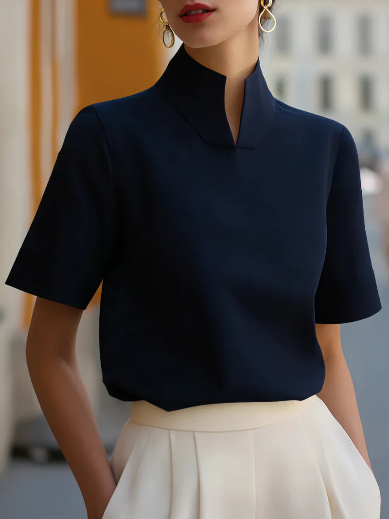 Elegante Kurzarm-Bluse mit Stehkragen & Geteiltem Ausschnitt – Business Office Top