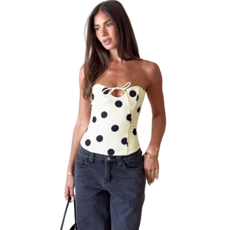 Schulterfreies Crop-Top Damen – Polka-Dot Schnürung Rückenfrei Tanktop