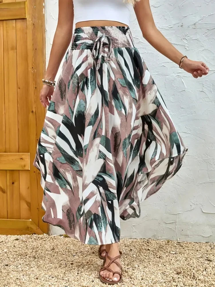 Damen Boho Maxi Rock mit Print Hoher Bund Strandrock