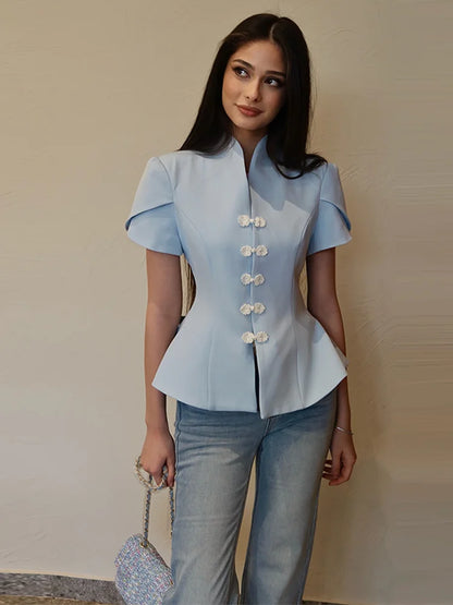 China-Style Kurzarm-Blazer Damen – Stehkragen mit Froschknöpfen