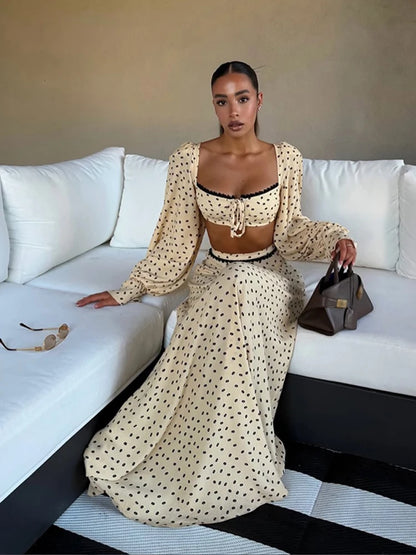 Polka-Dot-Set Damen – Laternenhülsen-Top & Trompetenrock Elegant Sommer