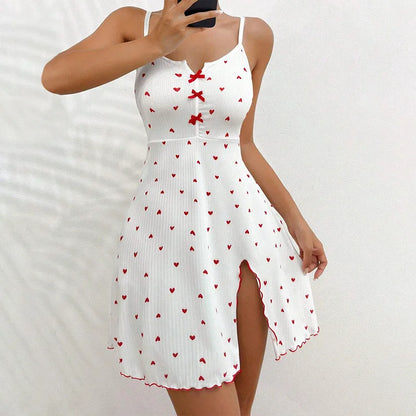 Damen Herzdruck Rippstrick Slip-Kleid Spaghetti-Träger Nachtwäsche