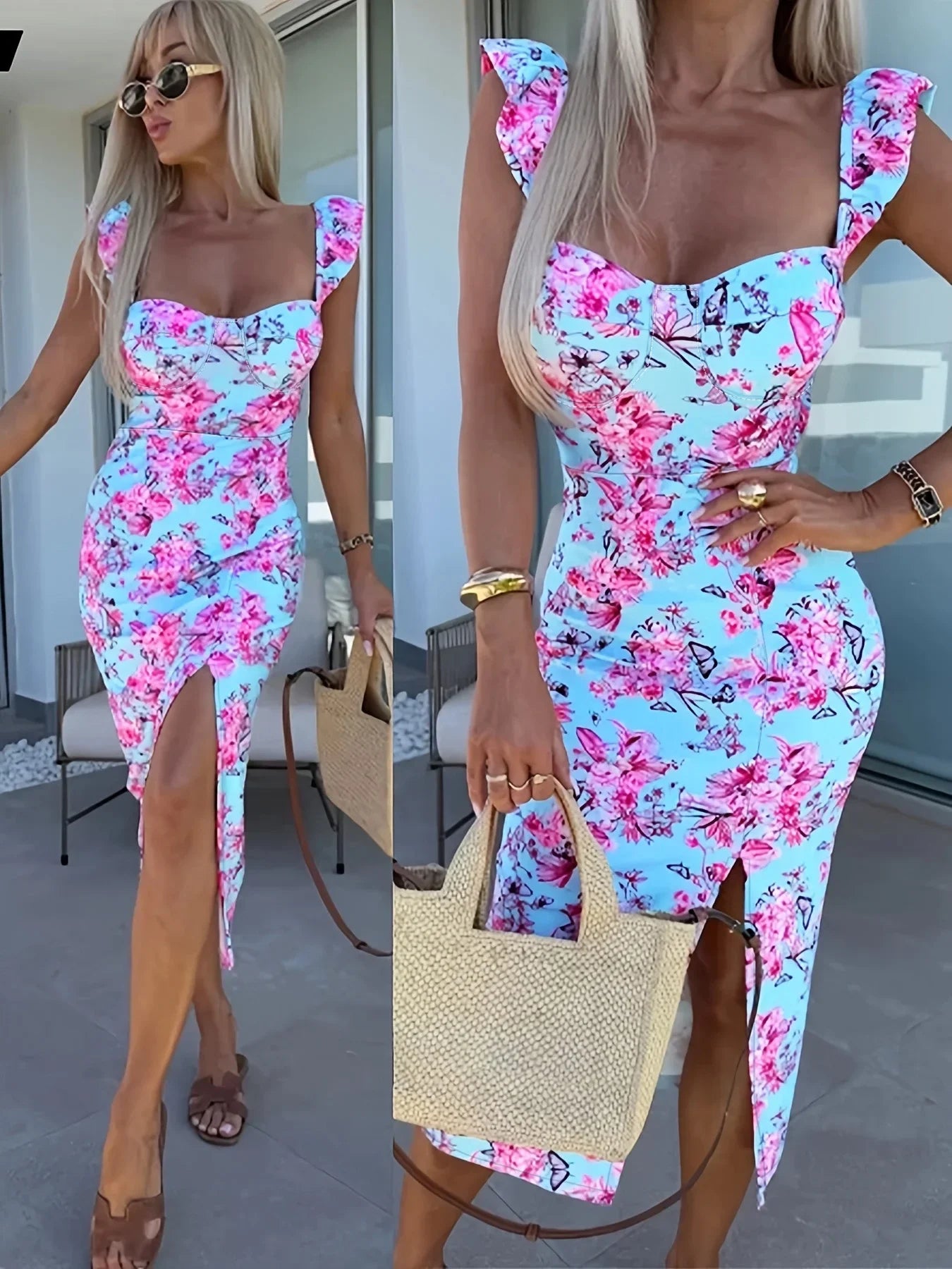 Blumen-Rüschen-Midikleid Damen – Eckiger Ausschnitt Seitenschlitz Boho Sommer