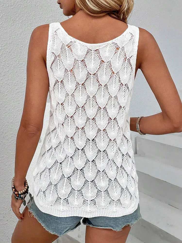 Women's Elegant Knitted Vest with Feather Pattern Hollow-Out