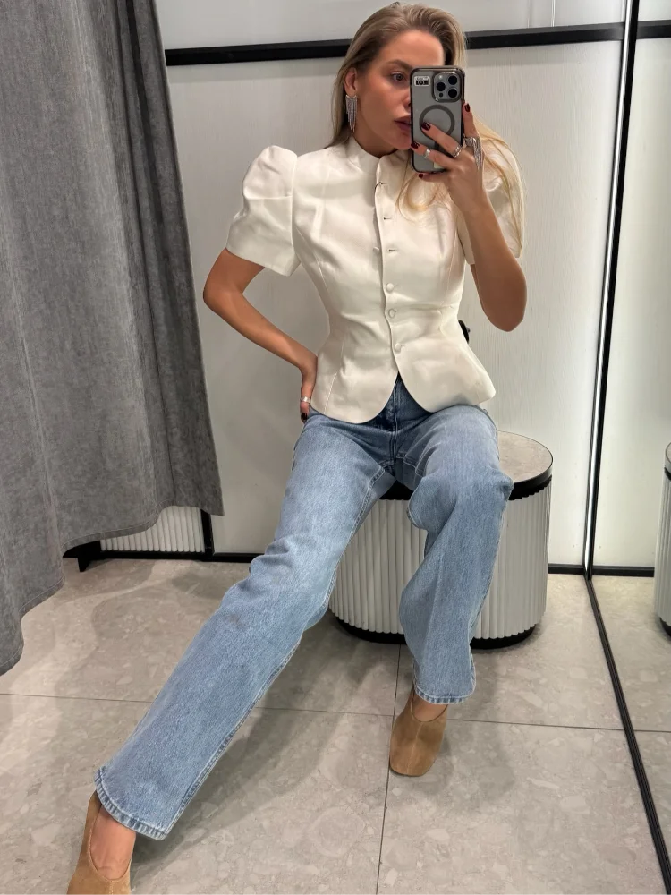 Cropped Puffärmel-Top mit Stehkragen - JWANOFFIZIELL