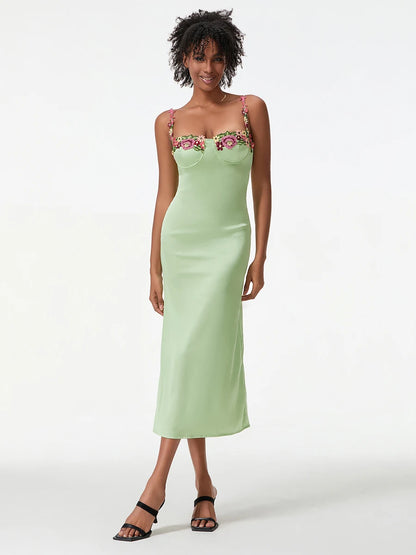 Damen Satin Bodycon Kleid mit Blumenstickerei
