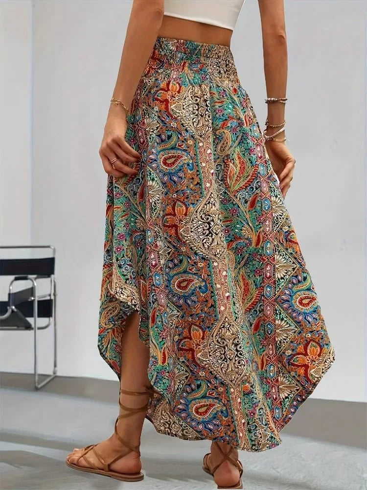 Damen Boho Maxi Rock mit Print Hoher Bund Strandrock