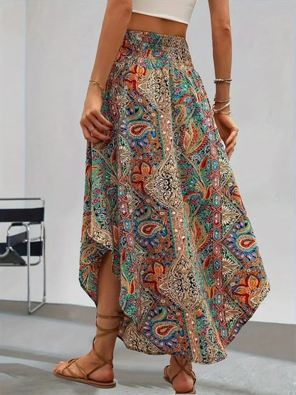 Damen Boho Maxi Rock mit Print Hoher Bund Strandrock
