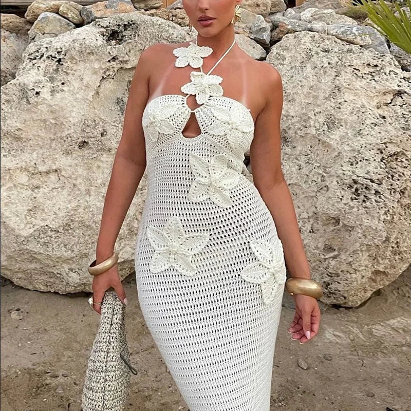 Rückenfreies Blumen-Strickkleid Damen – Slim Fit Sommer Strand Elegant